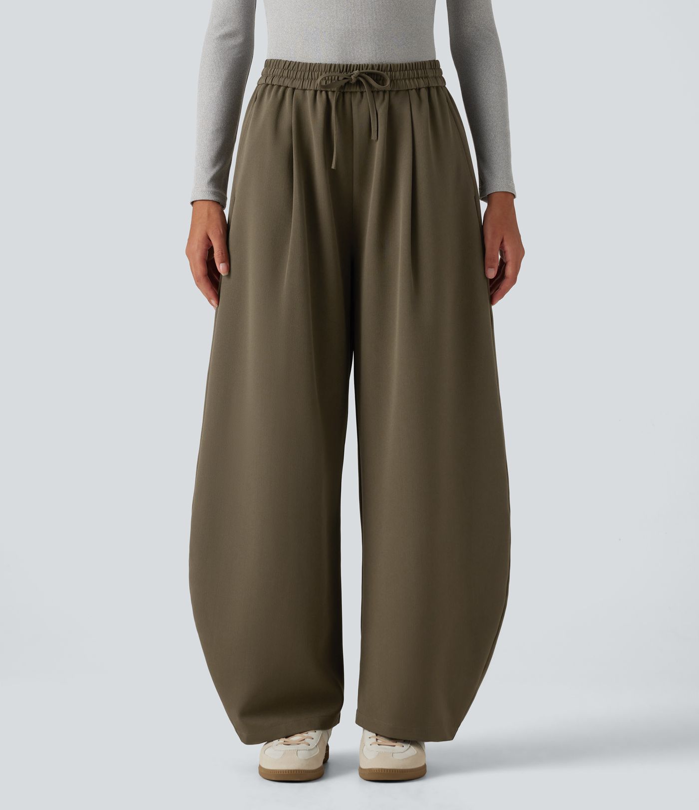 Pantalon de bureau coupe barrel taille haute avec cordon de serrage et poches