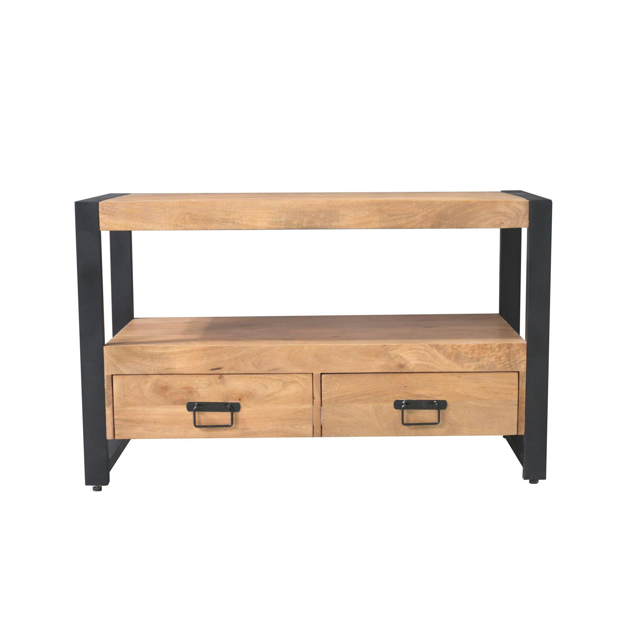 Petit meuble TV bois clair métal noir 2 tiroirs MILORA