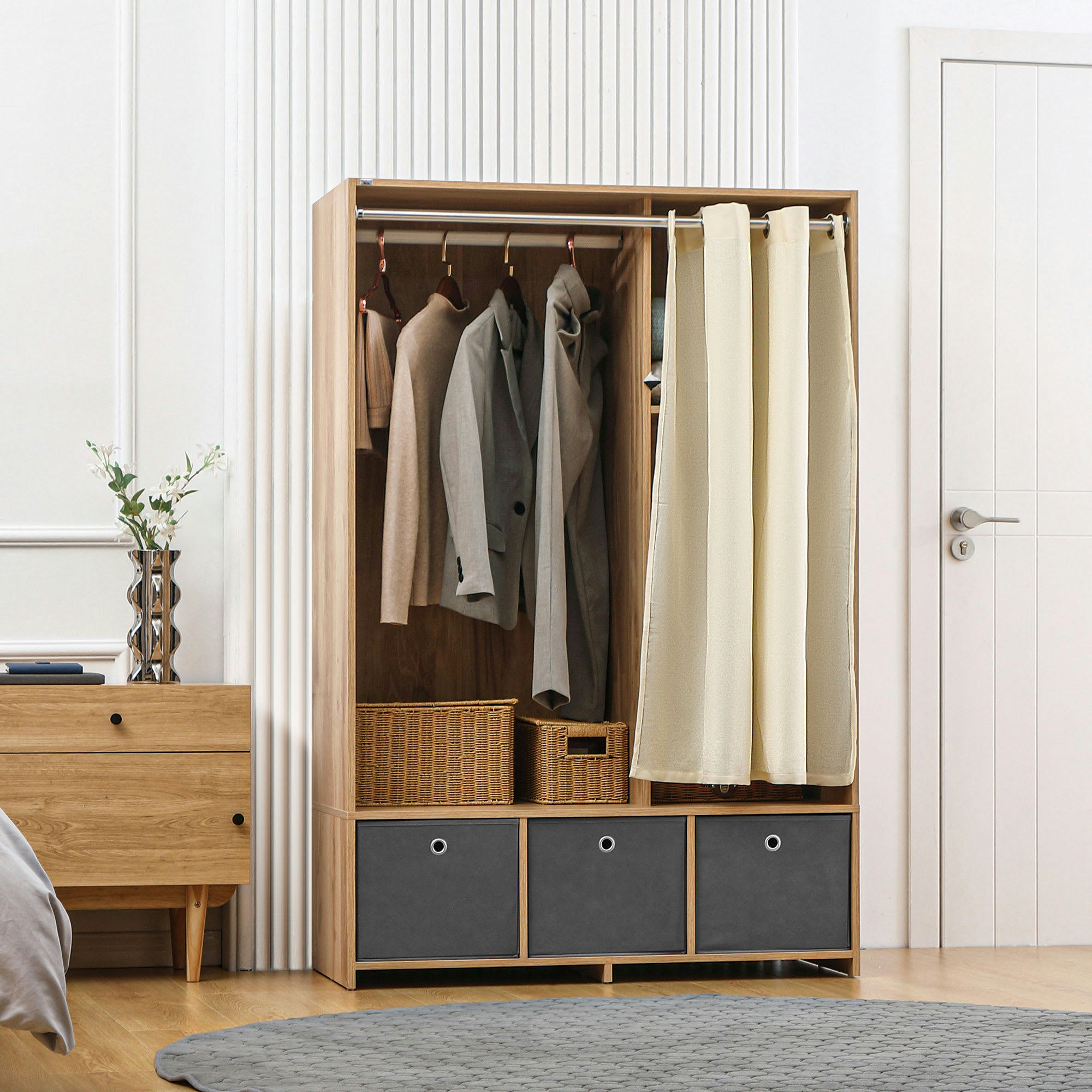 - Vestiaire d'entrée - barre penderie, 3 niches, 3 tiroirs tissu, rideau