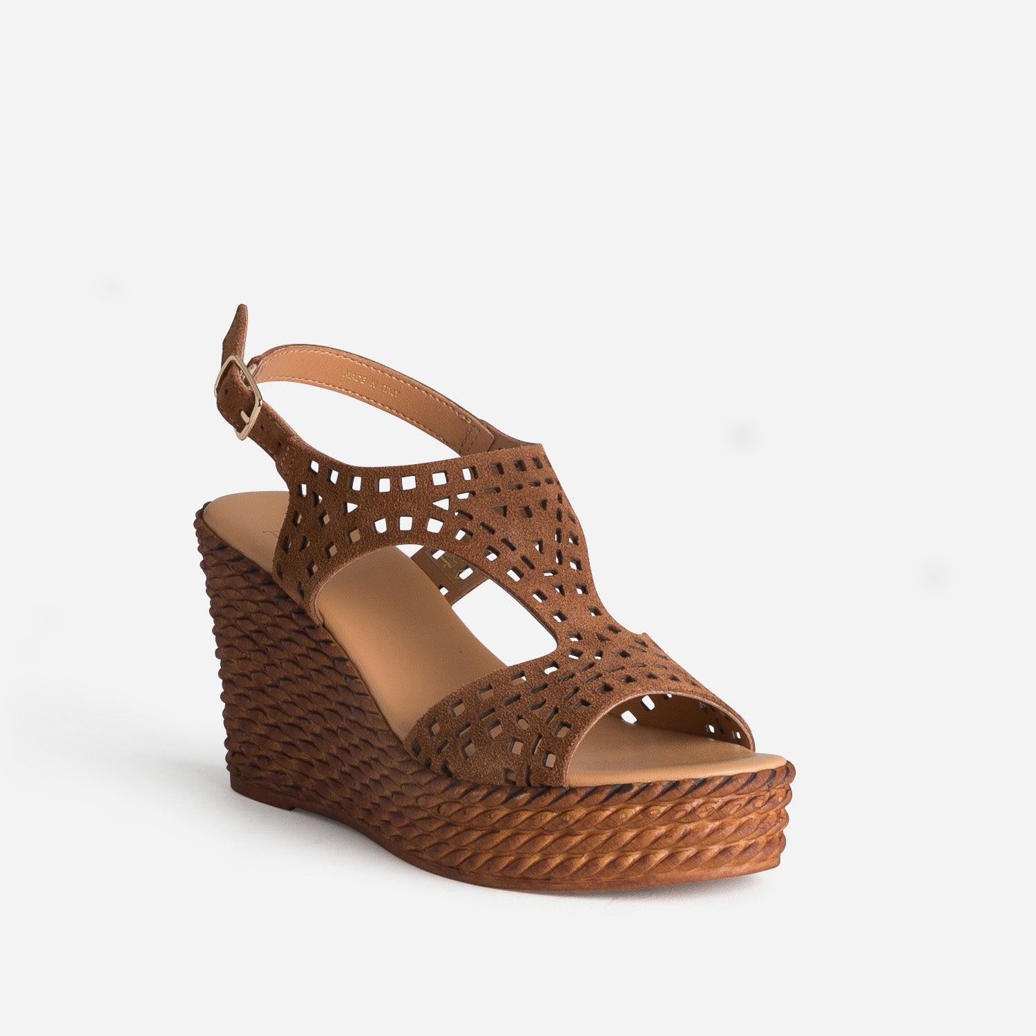 Sandale compensée TEXTO camel cuir velours