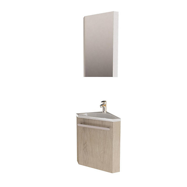 Ensemble lave-mains angle suspendu SKINO avec robinet et armoire d'angle