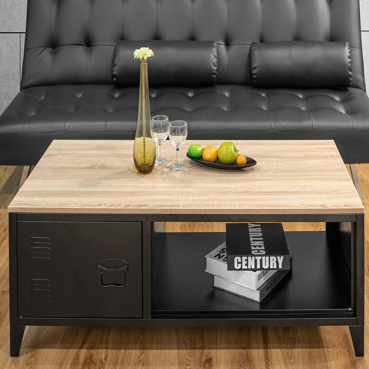 - Table basse bois métallique noir une porte rangement 120X40