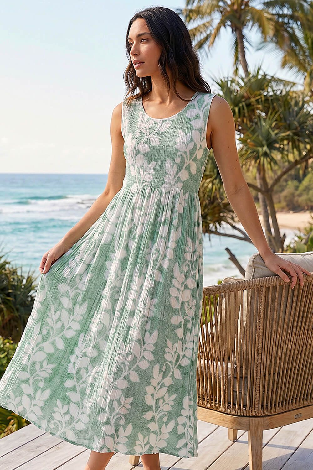 Roman Leaf Print Crinkle Midi Dress