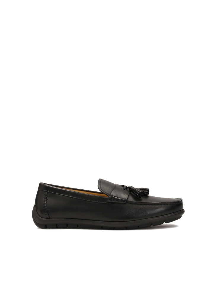 Black leather moccasins with tassels