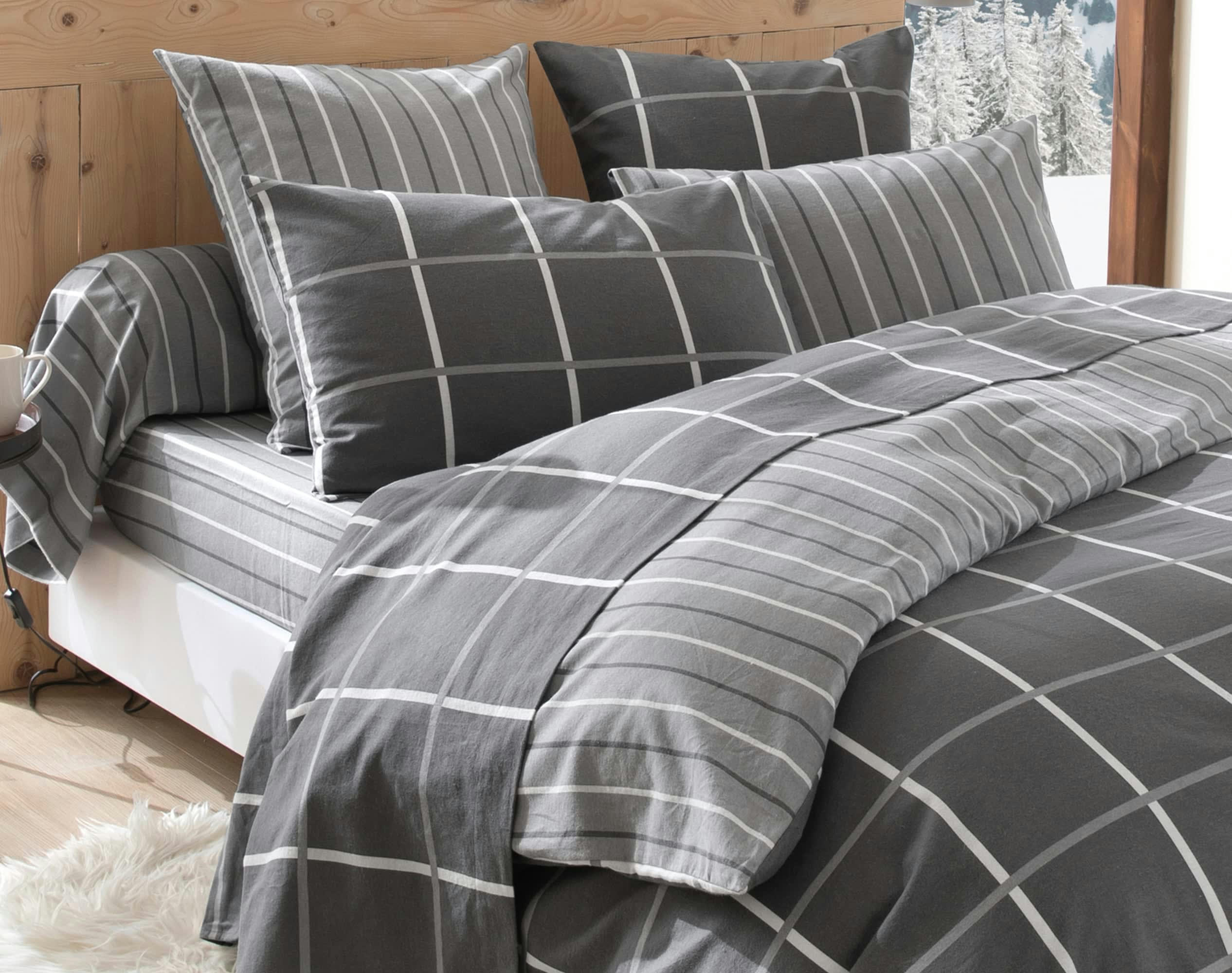 CARREAUX - Housse de couette réversible 140x200 grise en flanelle de coton
