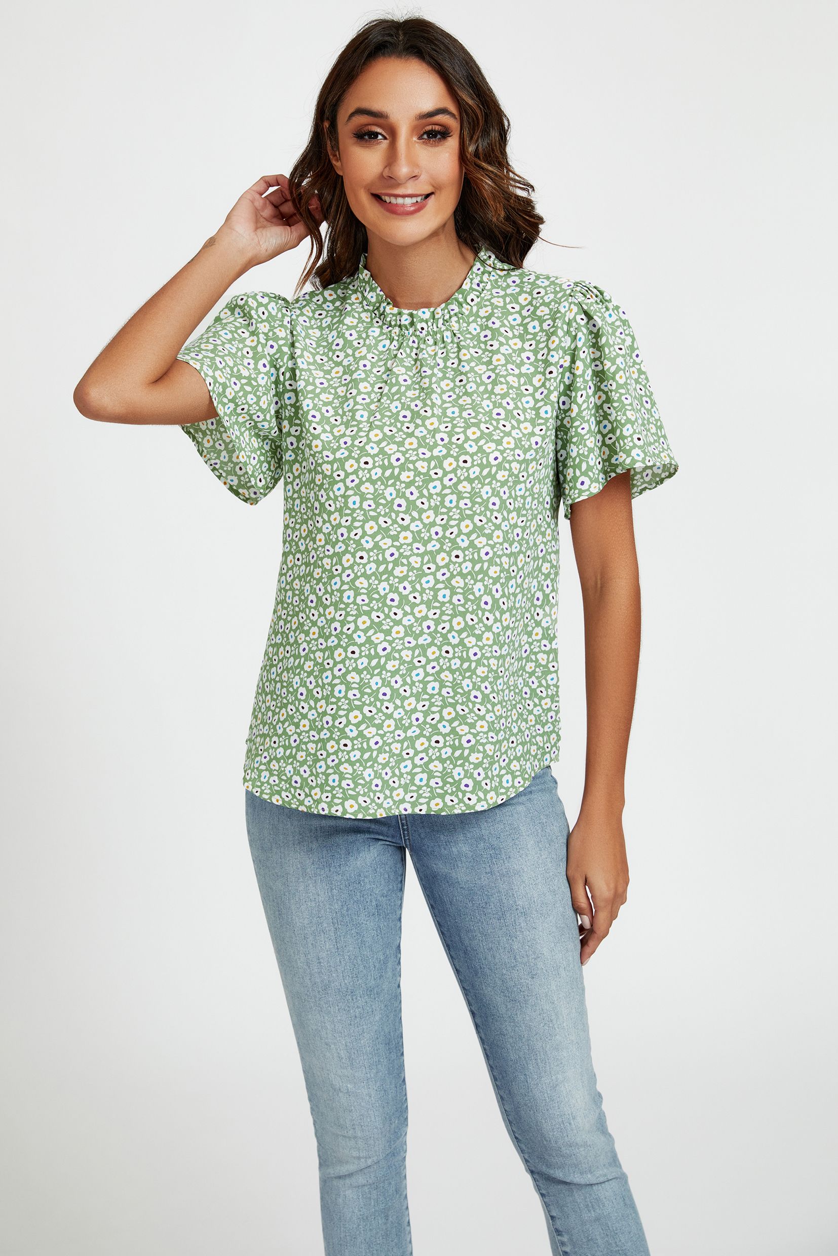 FS Collection Little Floral Print Angle Sleeve High Neck Top/Blouse In Green