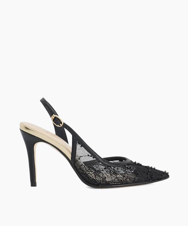 Carmellia Black - Lace Embellished Slingback Court Shoes