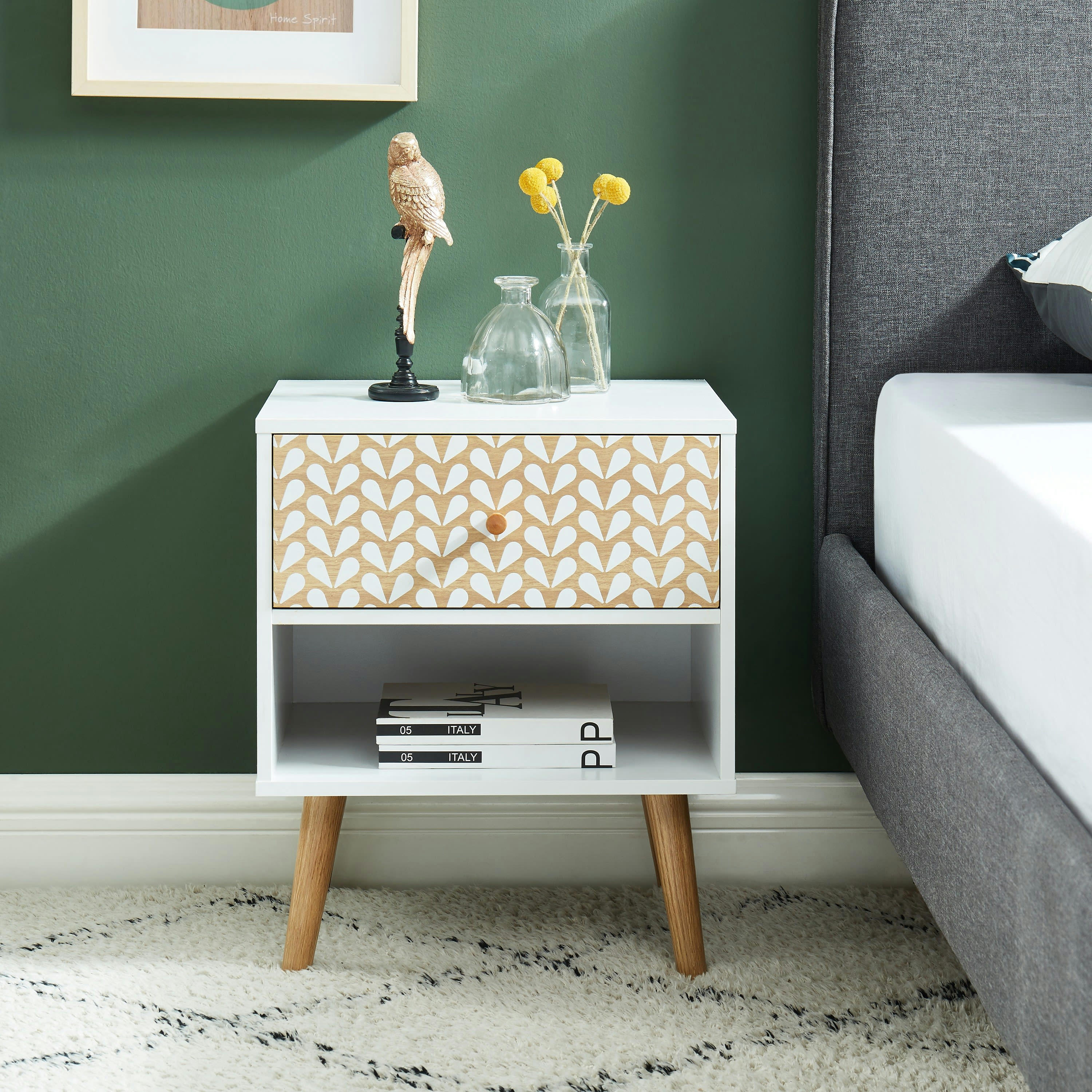 CAPUCINE - Table de chevet   blanc et effet bois et chêne 40cm