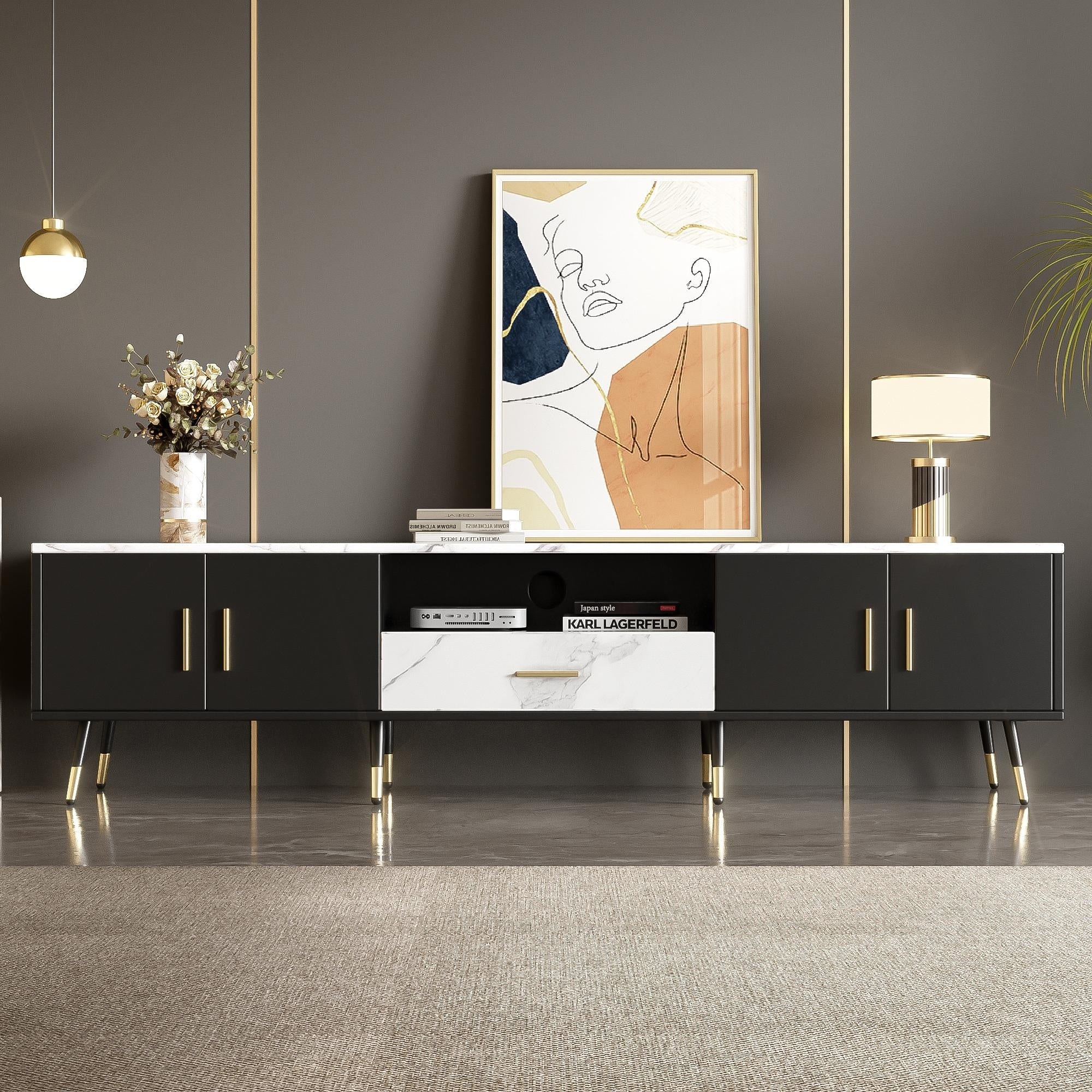 TV cabinet with 2 Cabinets& Open Compartments