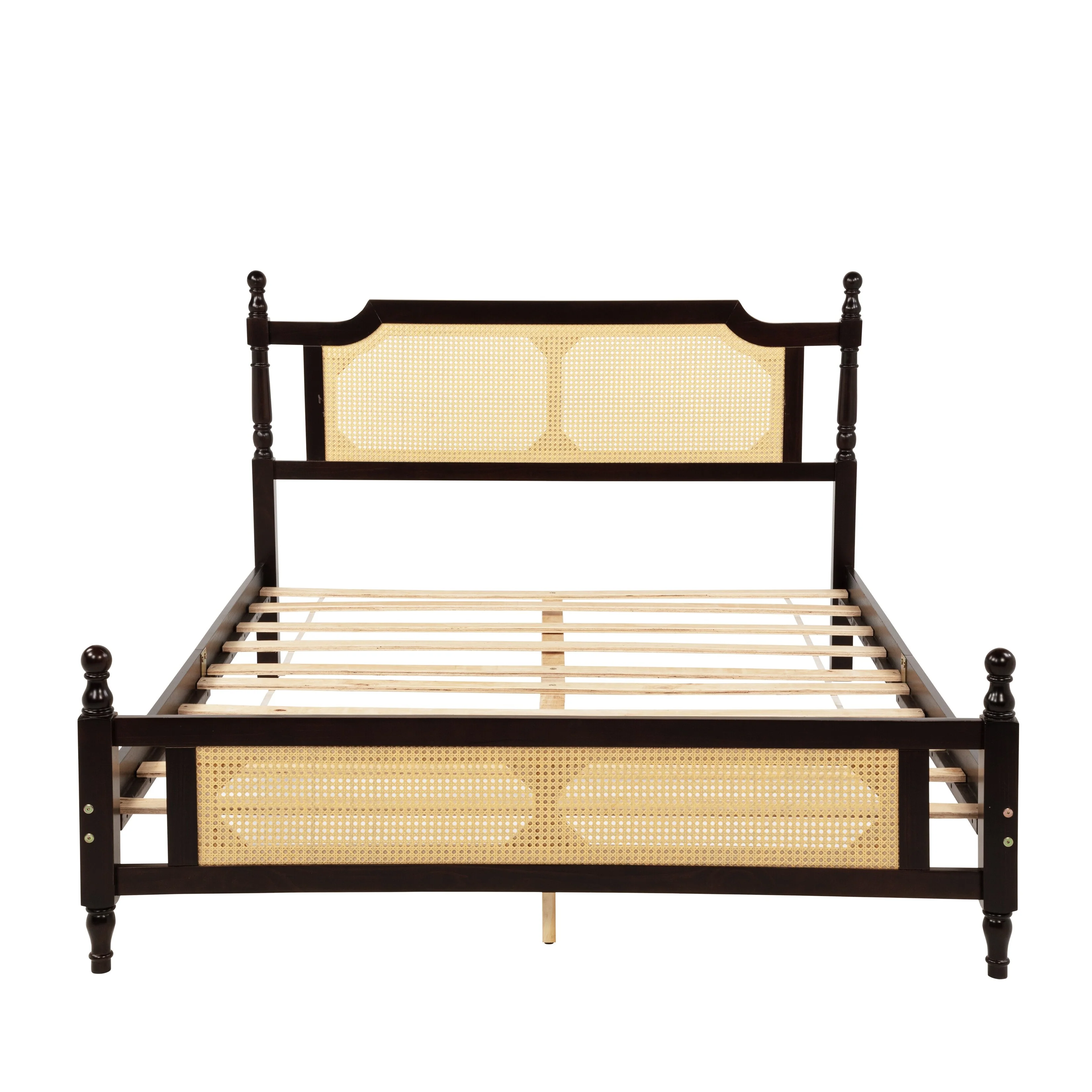 Pine wooden Bed with Rattan Headboard and Footboard