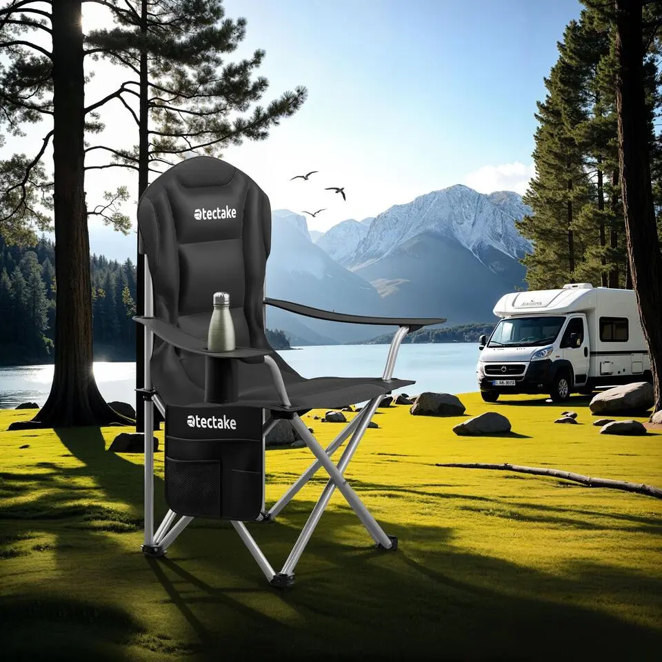 tectake - Gestoffeerde campingstoel MTX, opvouwbaar, met bekerhouder, Zwart