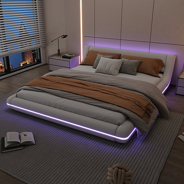 Lit 160x200 cm bas avec éclairage LED d'ambiance, revêtement PU blanc, structure MDF robuste minimaliste