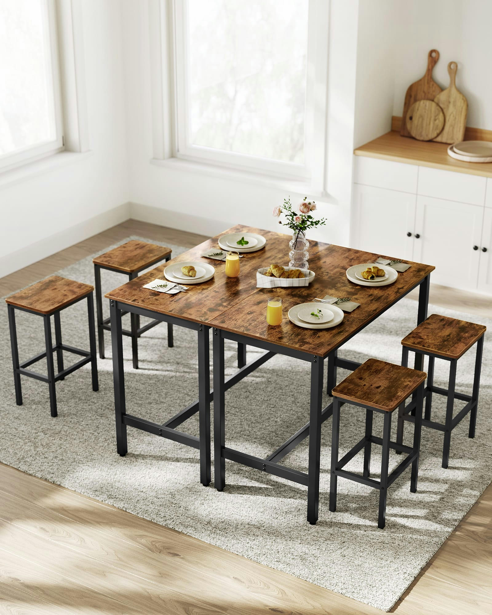 - Ensemble table de bar avec 2 tabourets effet bois marron rustique