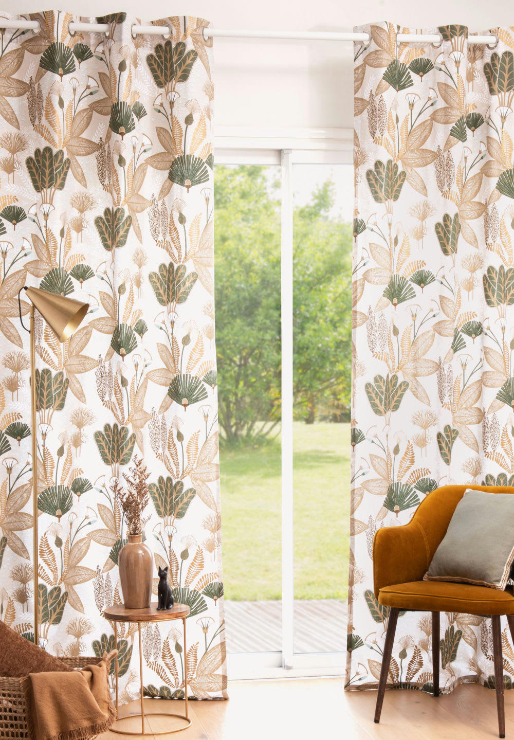 JINANE - Rideau à œillets en coton imprimé feuillage vert et doré à l