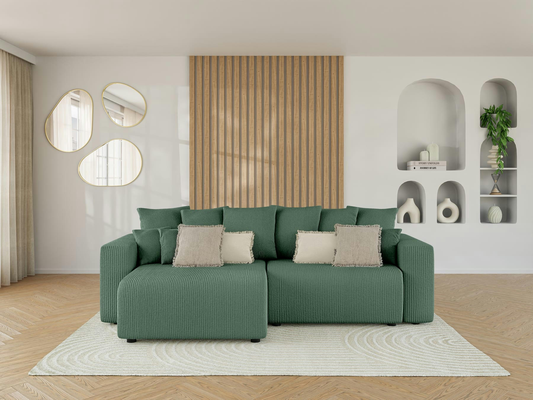 LEA - Canapé d'angle convertible en velours côtelé 4 places vert