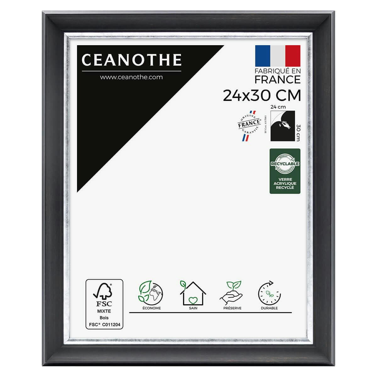 PANDORE - Cadre photo noir et finition argent 24x30 cm résine recyclée
