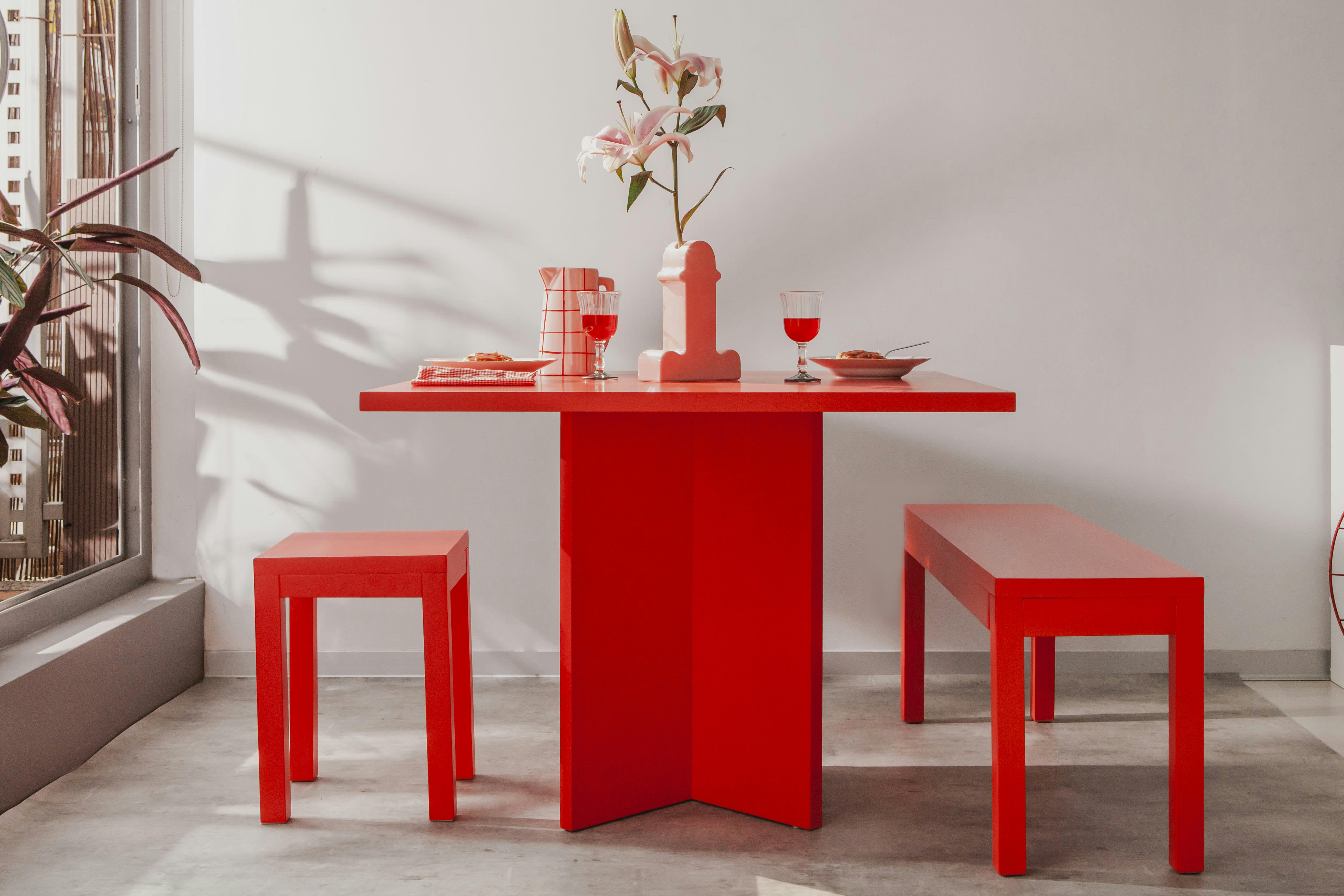 BLOCKIE-MATILDA - Table de salle à manger carrée laquée MDF 3cm Rouge Flamme 100x100cm