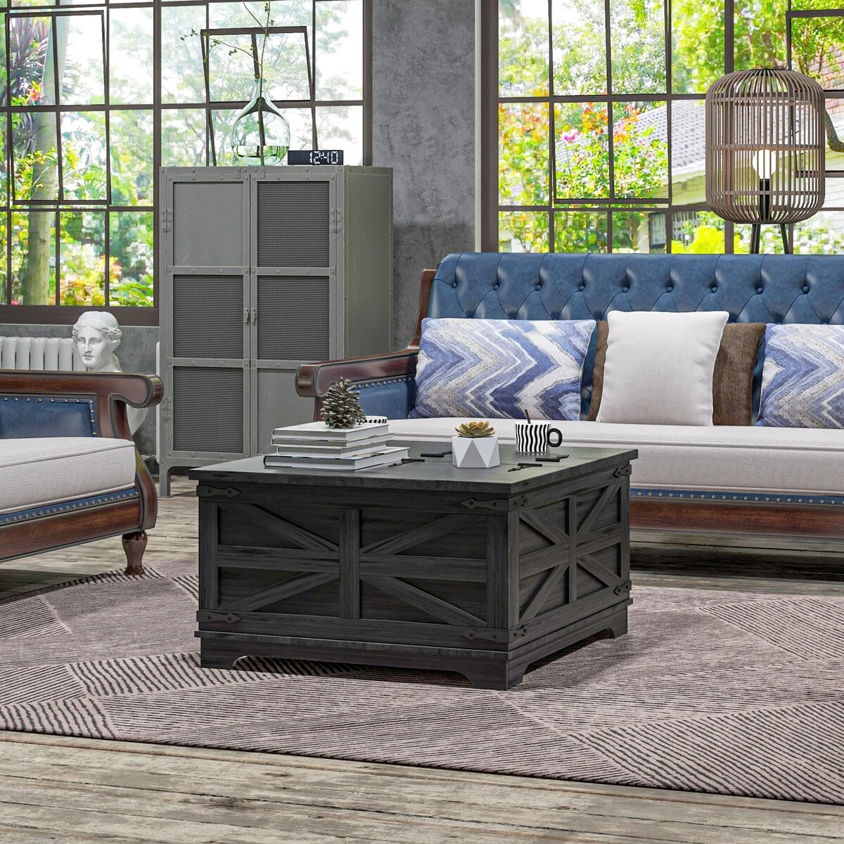 HOMCOM Farmhouse Coffee Table with Storage, Center Table with Hinged Lift Top and Hidden Space, Square Coffee Table