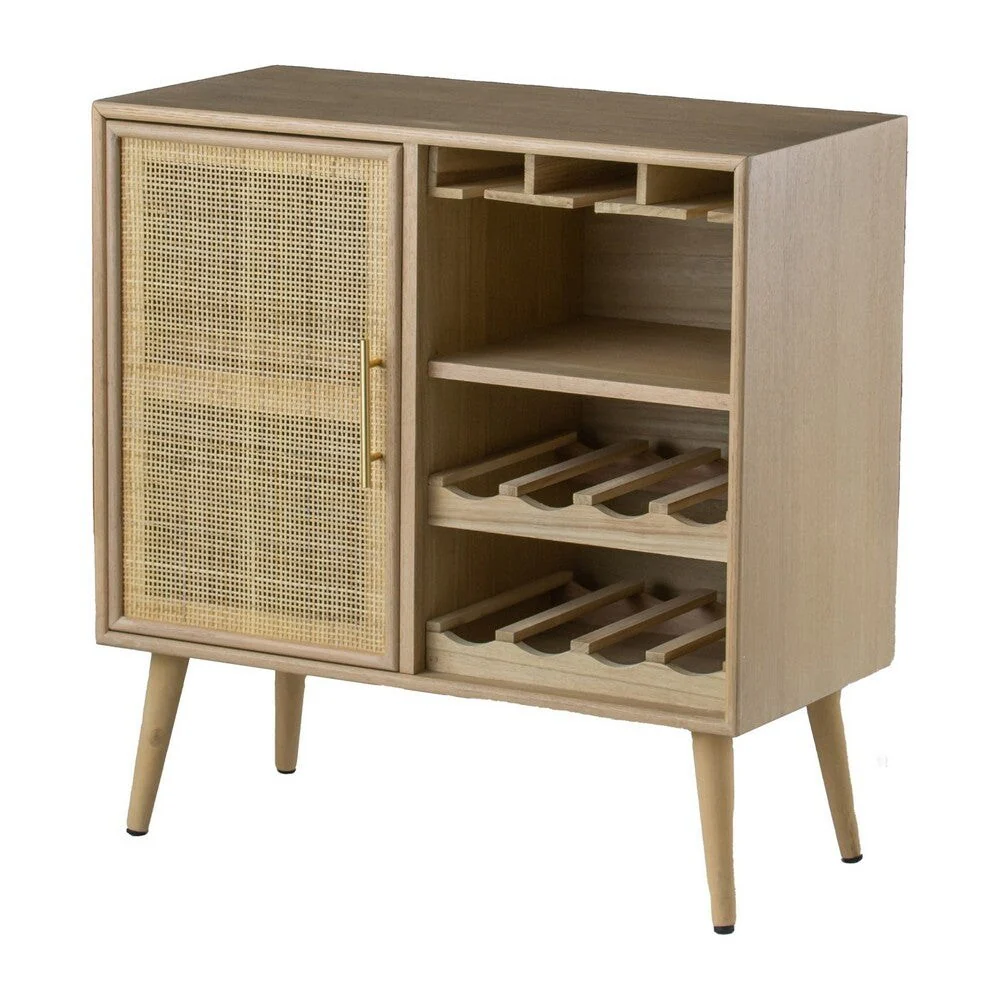 Wood Wine Cabinet, 2 Shelves, 11 Racks, Rattan Door - 31 H x 14 W x 29.5 L Inches