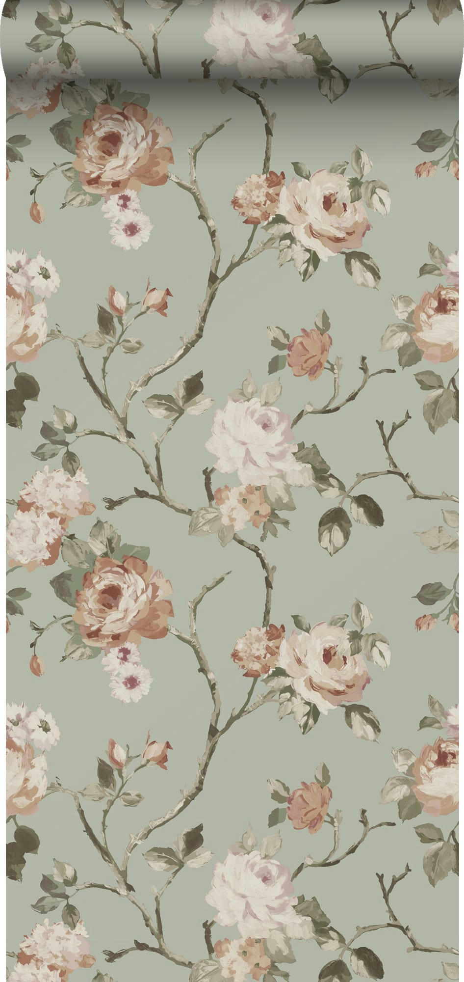 ESTA_2021 - papier peint fleurs vintage vert menthe grisé et rose clair 0.53 x 10.