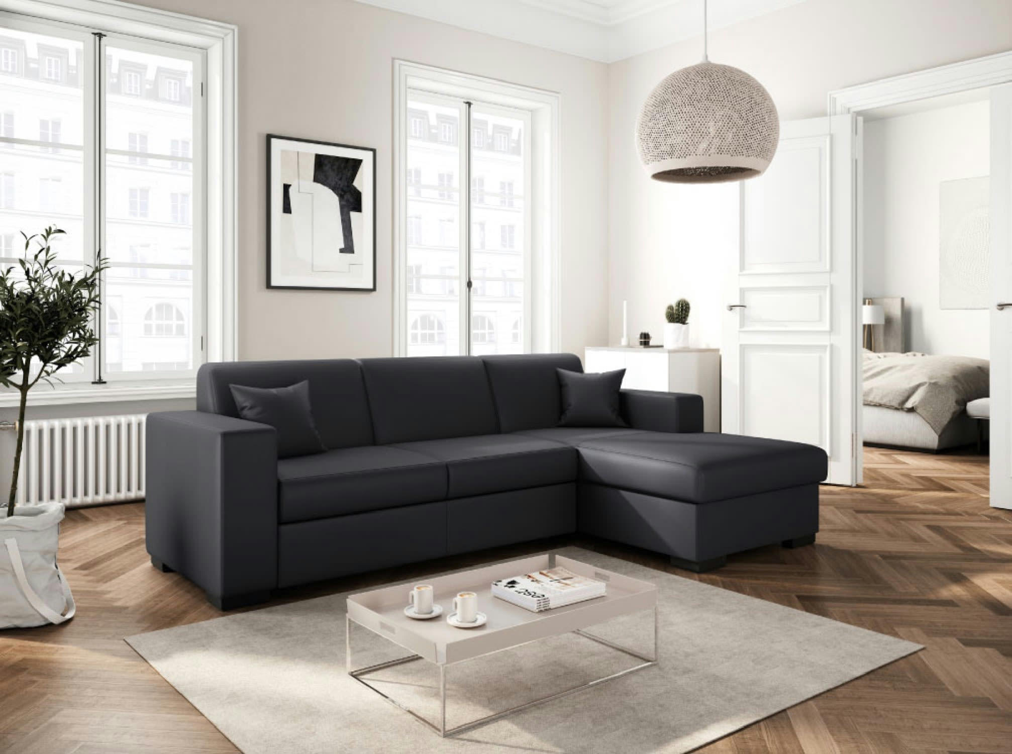 FUJI - Canapé d'angle droit convertible en simili gris