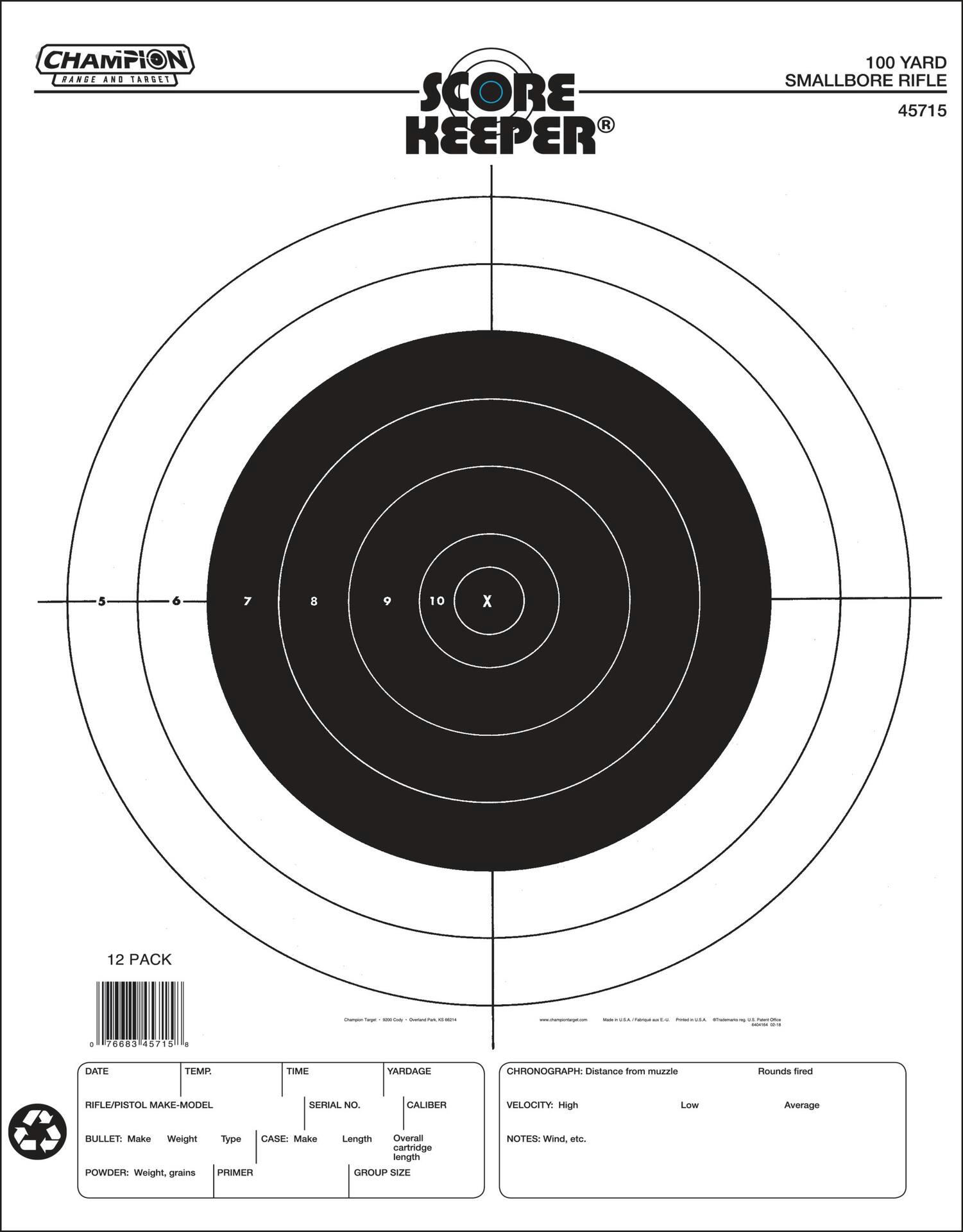 Champion 100 Yard Smallbore Rifle Shooting Target, 12-pk