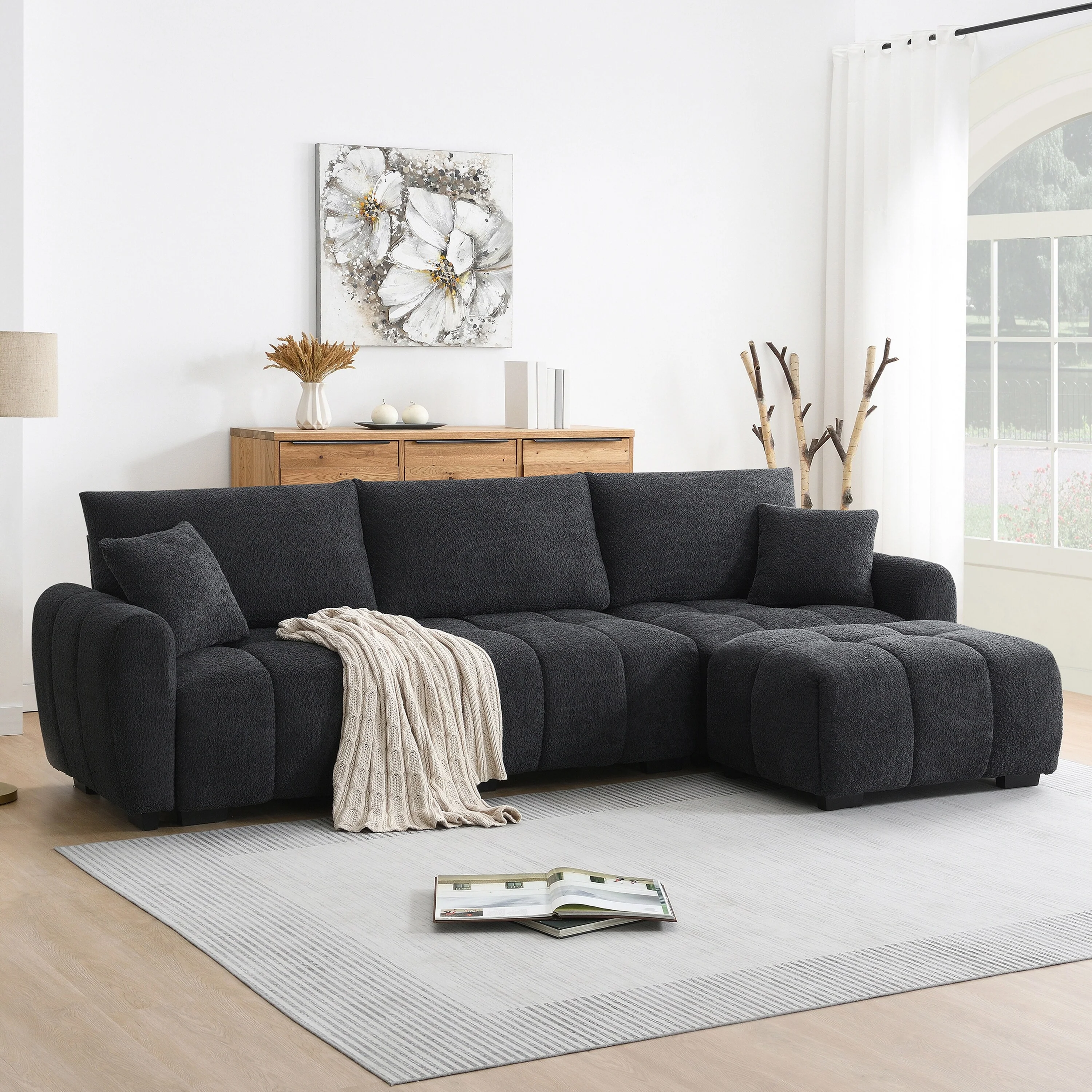 110 Modular Sectional Sofa 4 Seat L Shape Sofa Set with Movable Ottoman and 2 Pillows