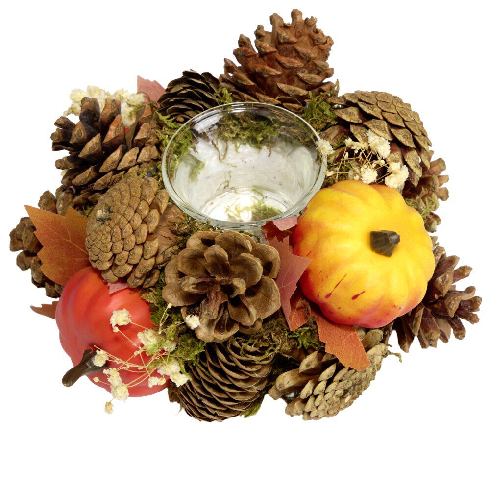 Bougeoir automne déco mini citrouilles feuillage et pommes de pin Ø19xH7,5cm