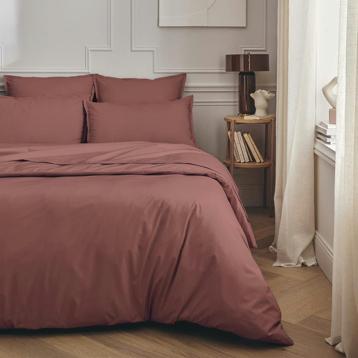 PREMIÈRE - Drap plat en percale de coton bois de rose 270x300