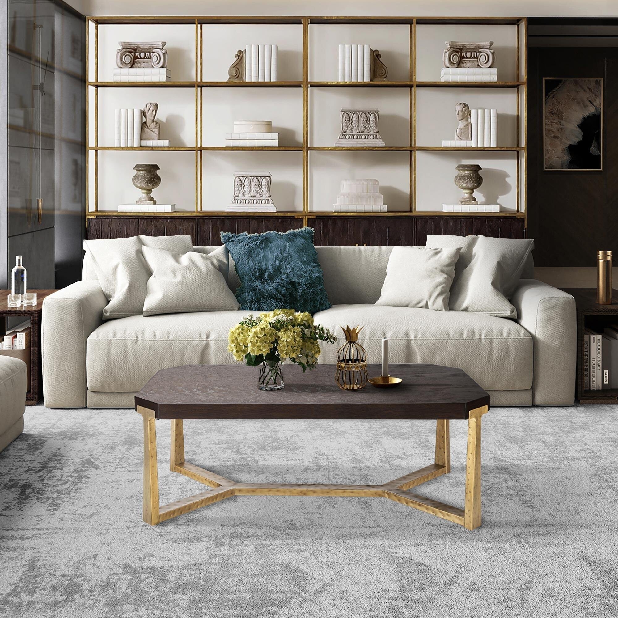 Wood and Metal Accent Coffee Table Rustic Gold Rectangle Cocktail/ Sofa Desk for Living Room - 42 L x 22 W x 16 H