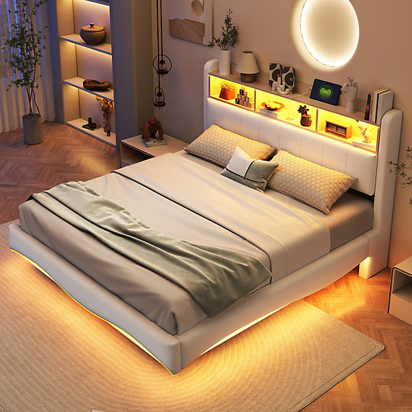 Canape lit 160x200 cm avec eclairage LED ports USB et Type C et rangement tete de lit en tissu beige