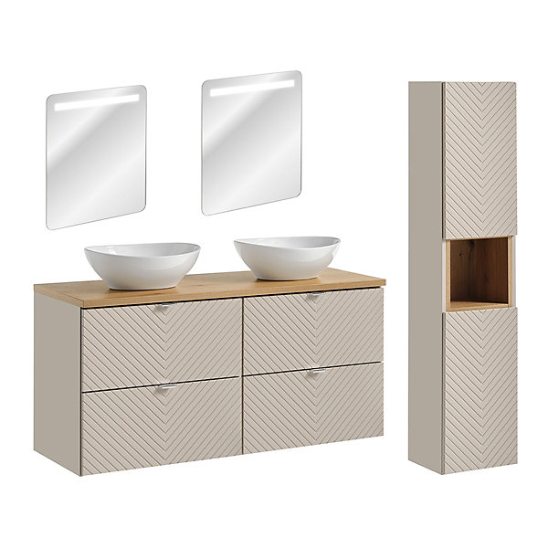 Ensemble meuble double vasque 120cm 4 tiroirs miroirs LED et colonne Manoa Cachemire et Bois