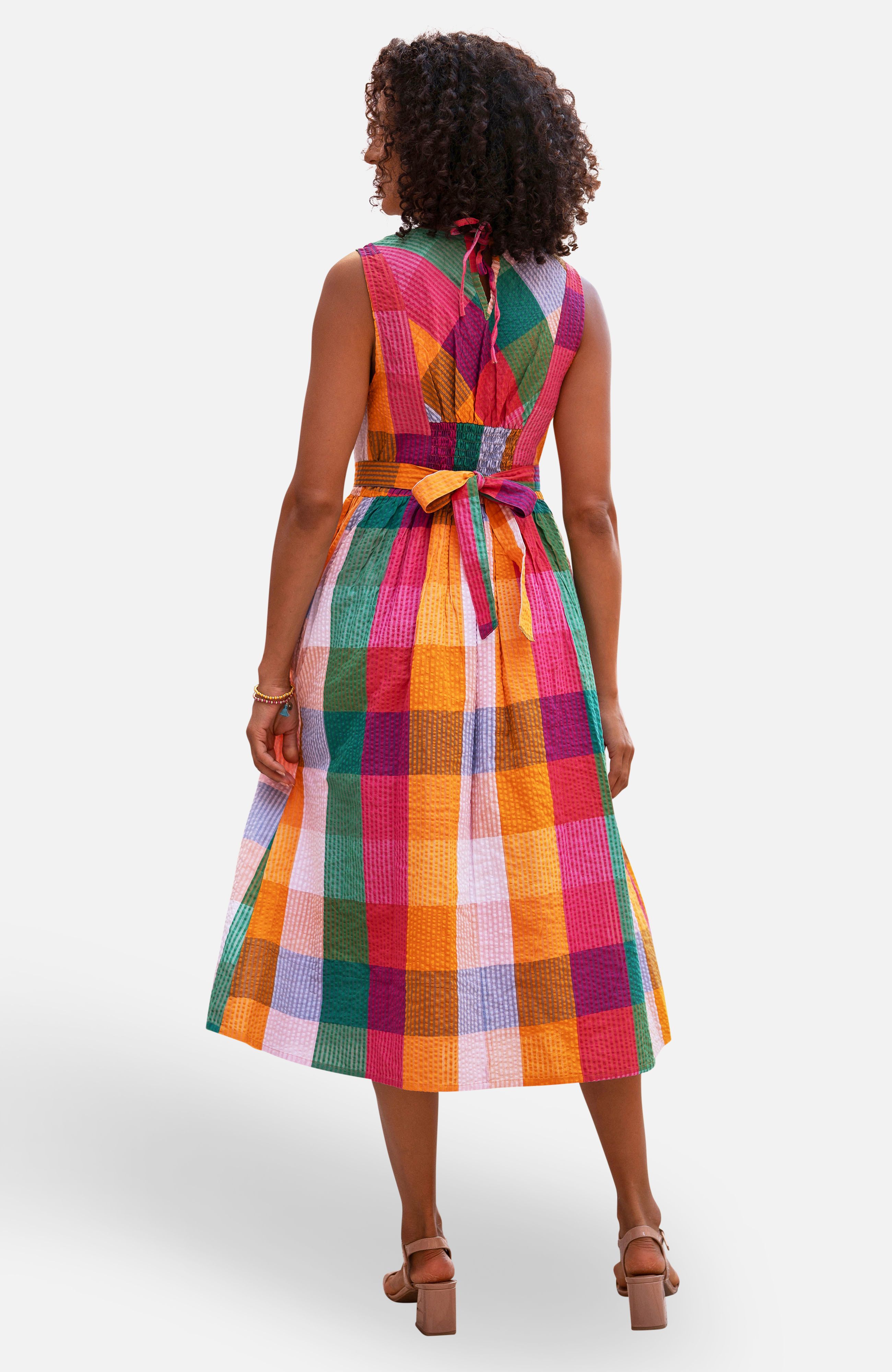 Yumi Multicolour Seersucker Cotton Midi Sun Dress