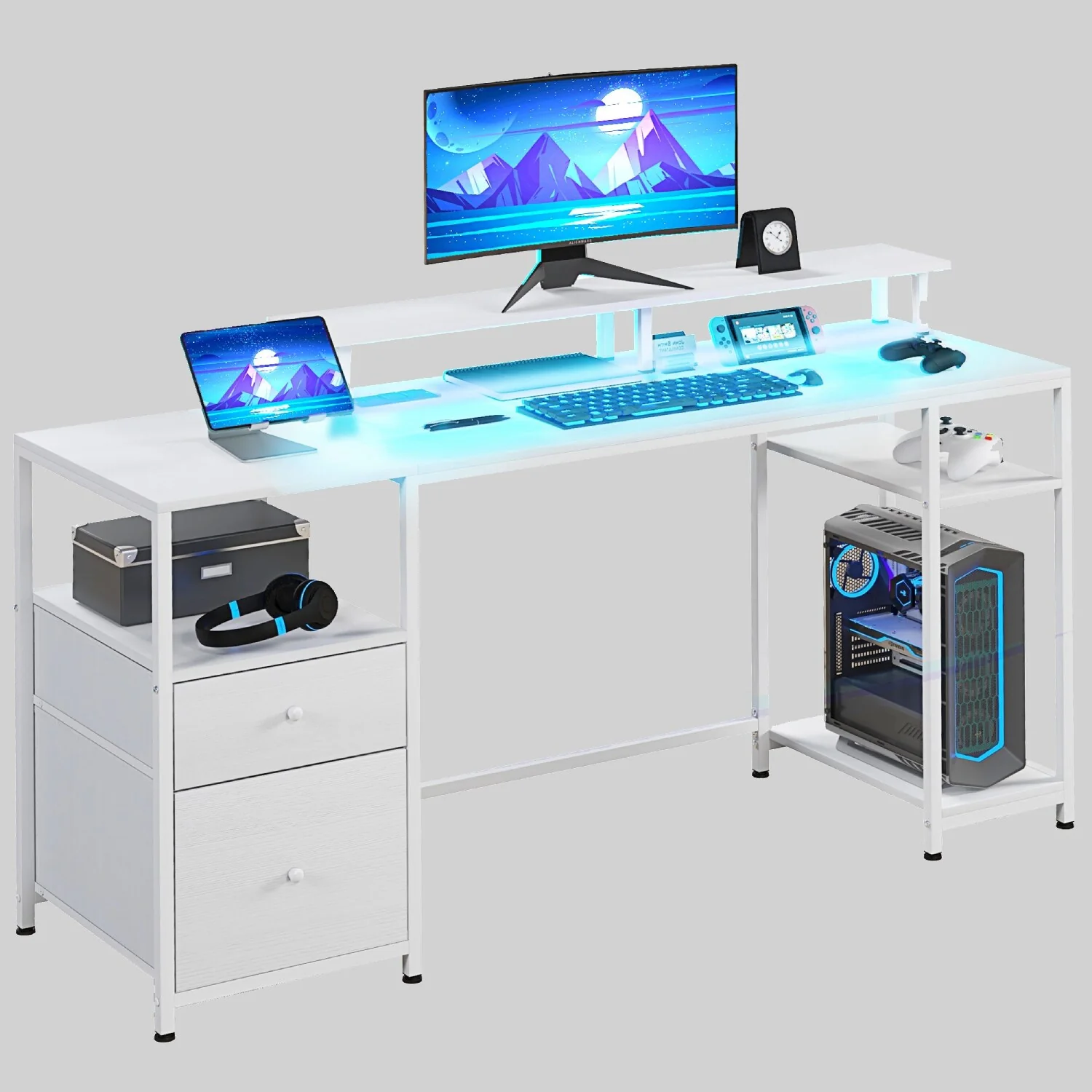 61 Computer Desk with LED Lighting, Power Outlets & USB Ports, Gaming Desk with Storage Shelves & Fabric Drawers