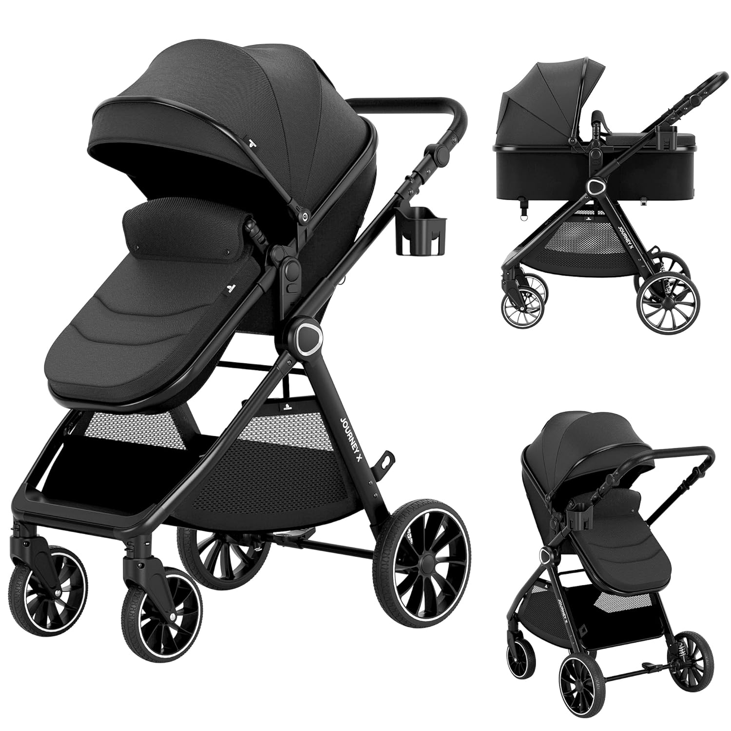 2 in 1 Baby Stroller, Convertible Bassinet Pushchair for Infants and Newborns 0-36 Months(Black)