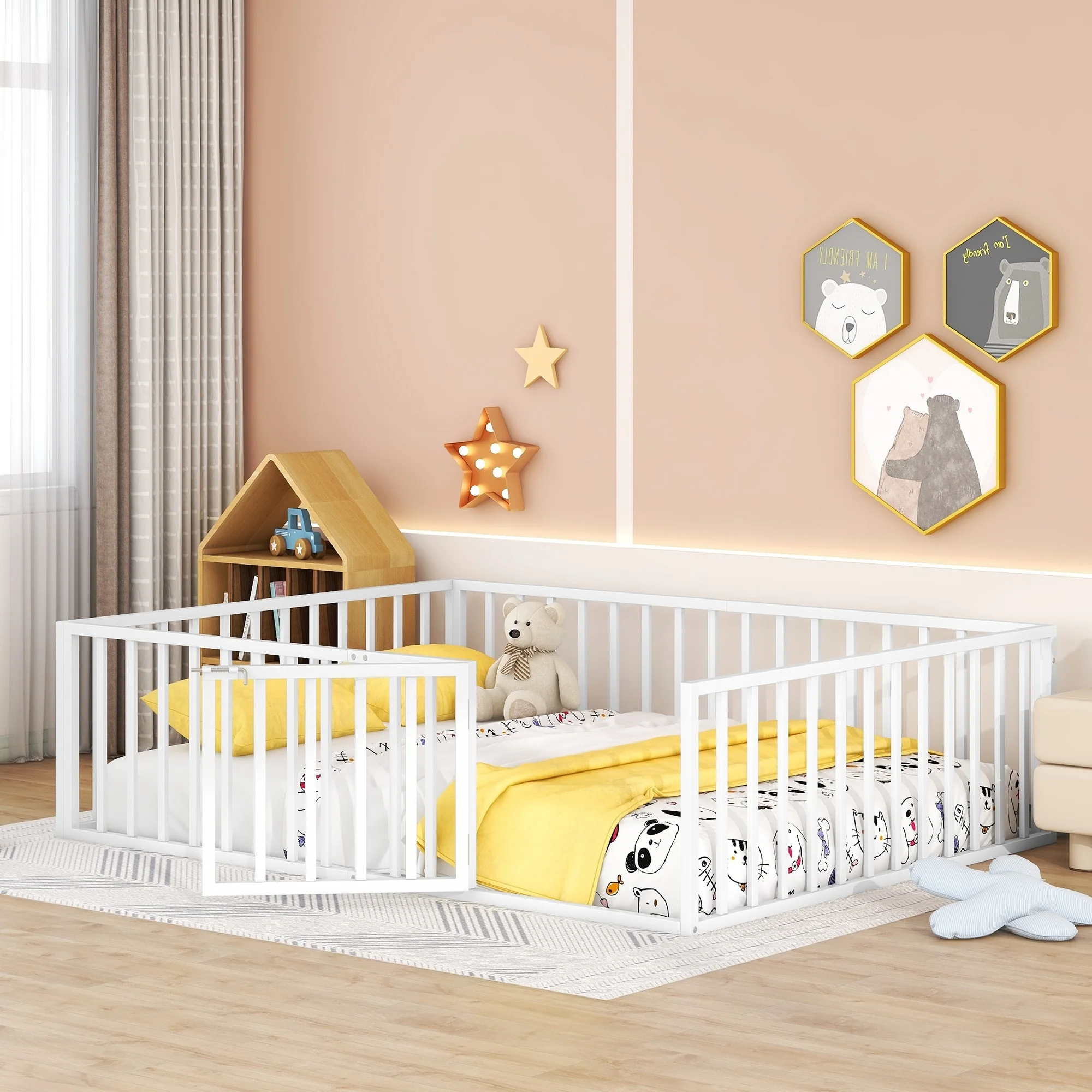 Twin Size Metal Floor Bed with Door and Fence, No Slats, Kids Play Space