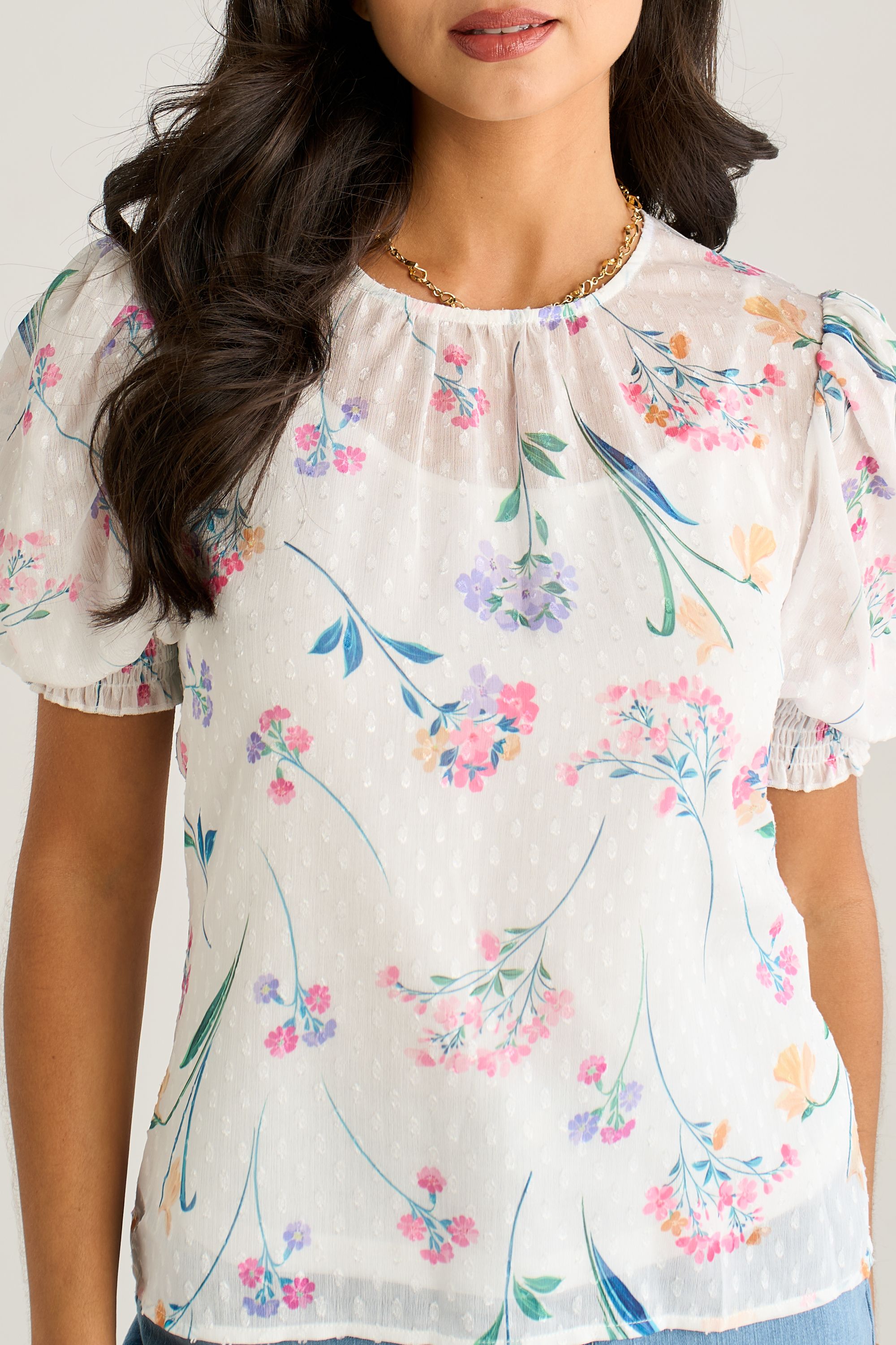 Gini London Off White Floral Dobby Chiffon Shirred Cuff Blouse