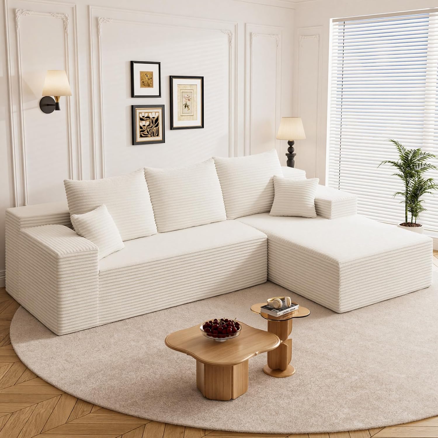 108 L Shaped Boneless Sectional Couches for Living Room, Comfy Corduroy Floor Cloud Sofa with Chaise, Wide Armrest, Deep Seat, Memory Foam, Assembly Free, Ideal for Small Spaces, White
