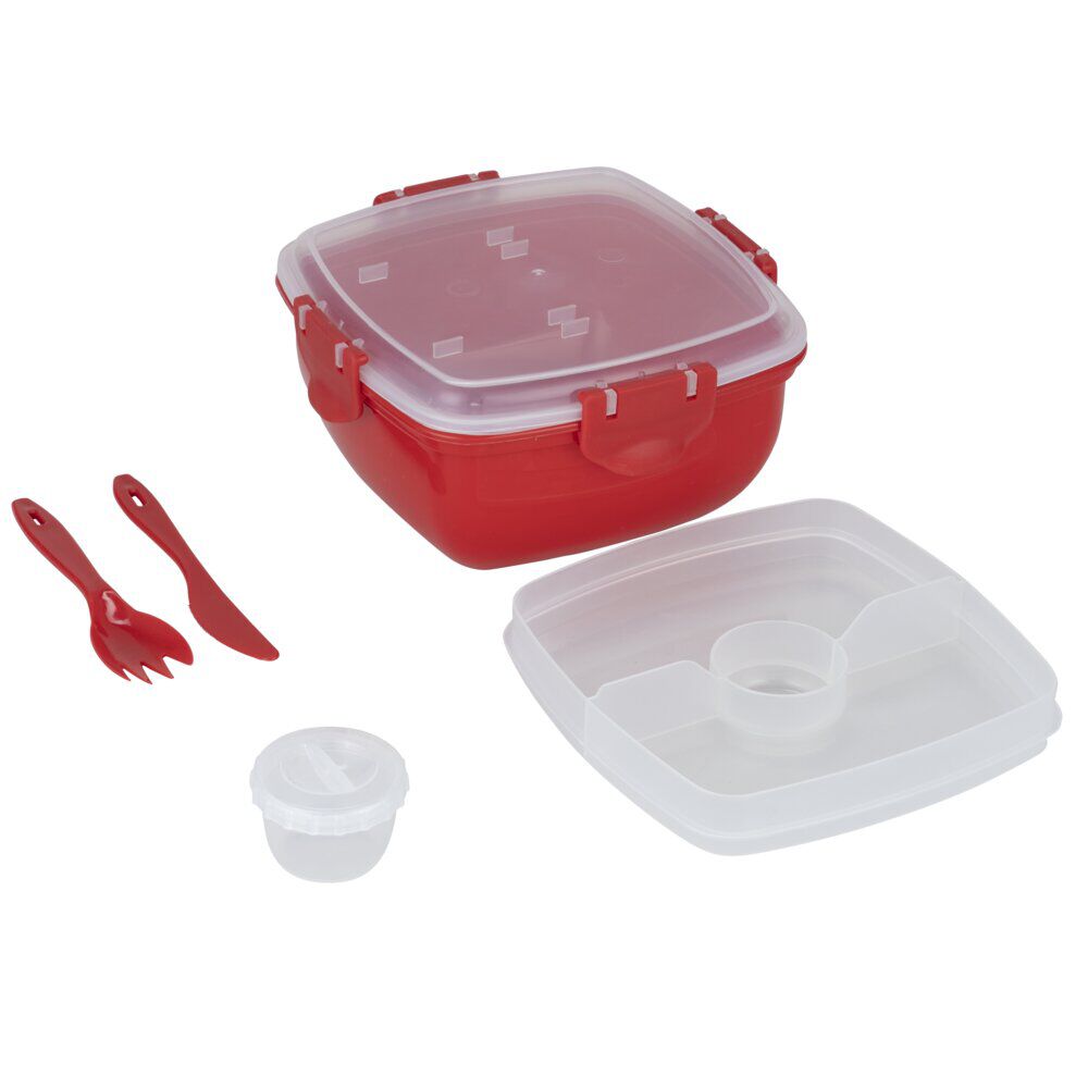 Lunch box plastique 900ml avec couverts et pot à sauce 17x17xH8,5cm (2 modèles)