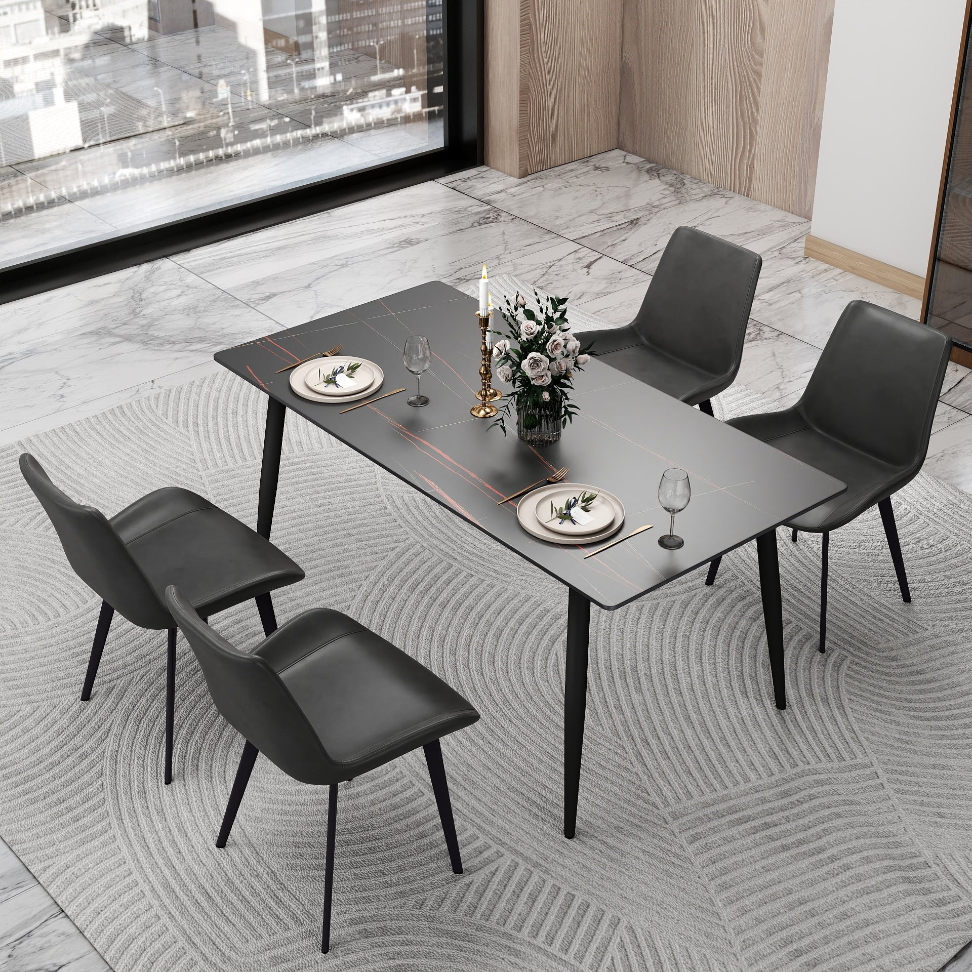 63 Rectangle Modern Sintered Stone Dining Table, Industrial Kitchen Table with Sturdy Black Metal Legs