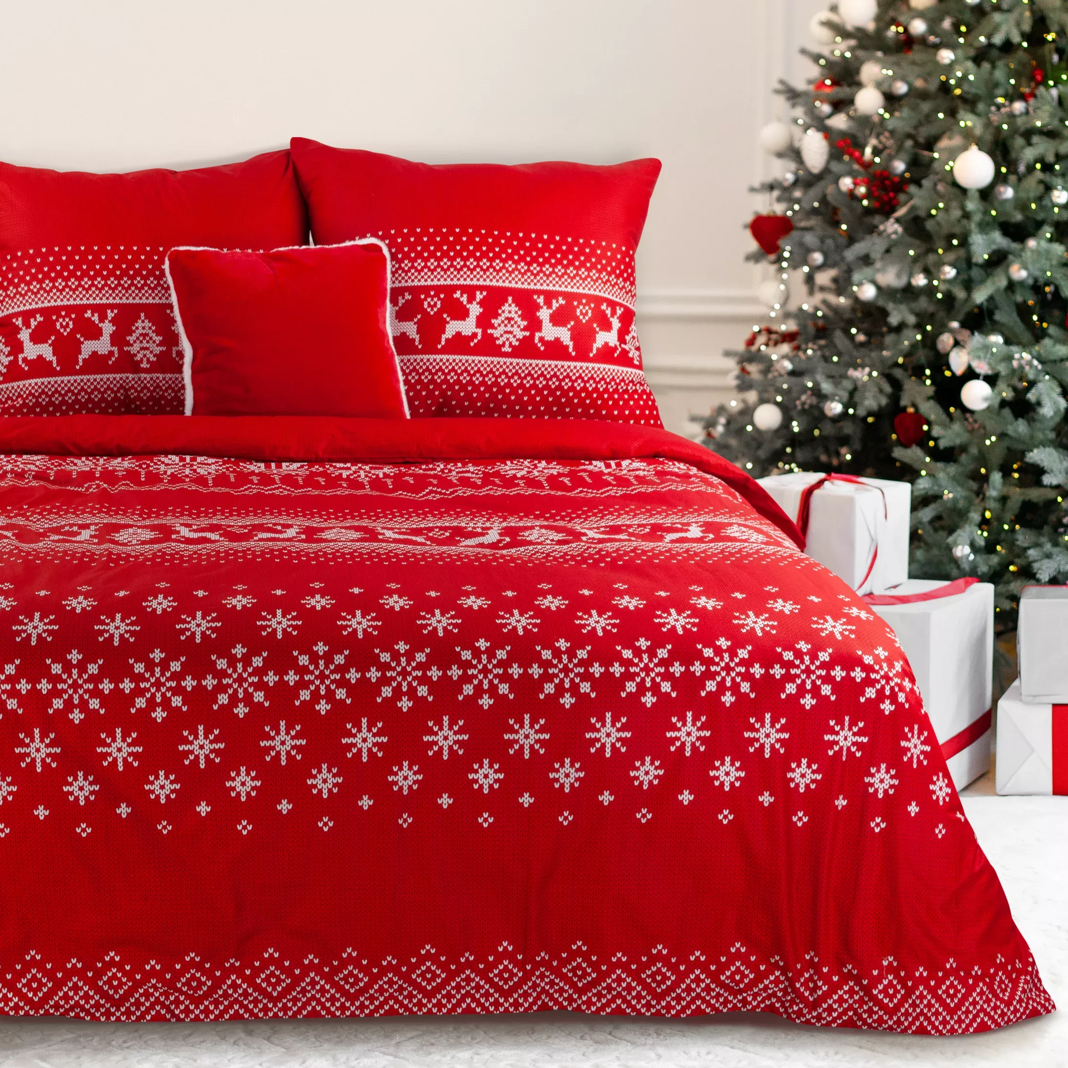 Pościel świąteczna 160x200 z mikrowłókna kolor czerwony, biały z motywem skandynawskim NOEL 02