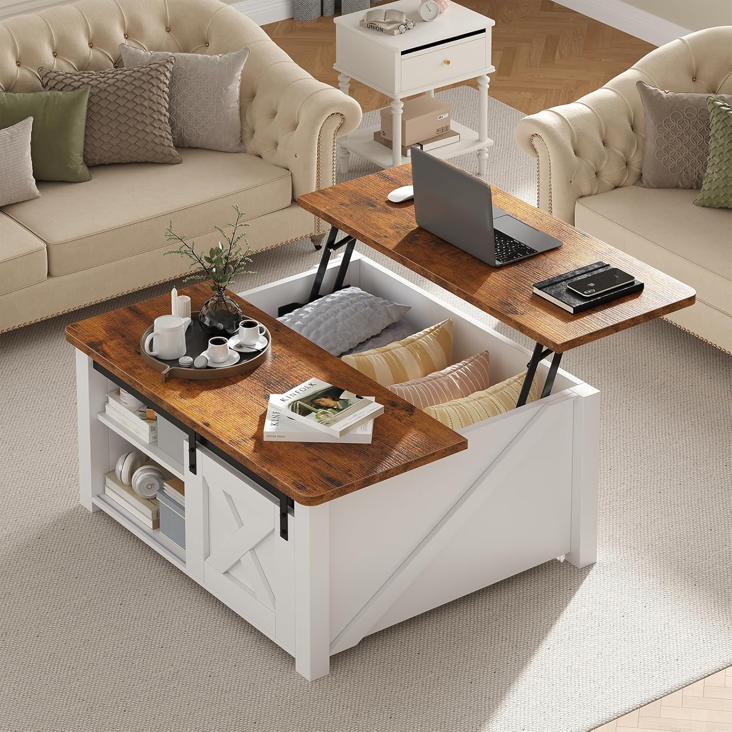 DUMOS Coffee Table, Lift Top Center Table with Storage, Square Living Room Tables with Adjustable Shelves, Wooden Center Coffee Table with Hidden Storage Compartment, White