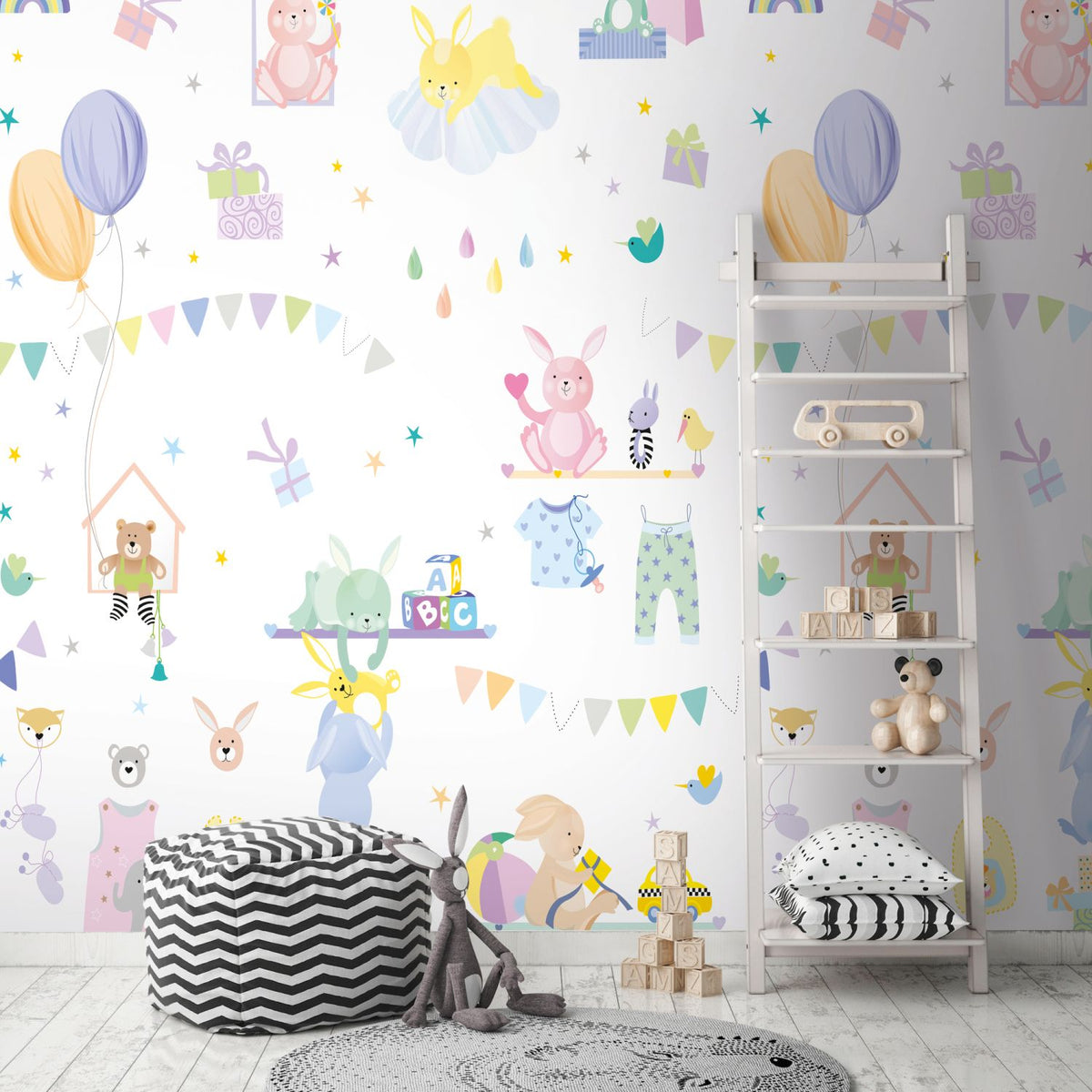 Livingwalls behang dieren meerkleurig, lila paars, roze, geel en blauw - 159 x 280 cm - AS-391881