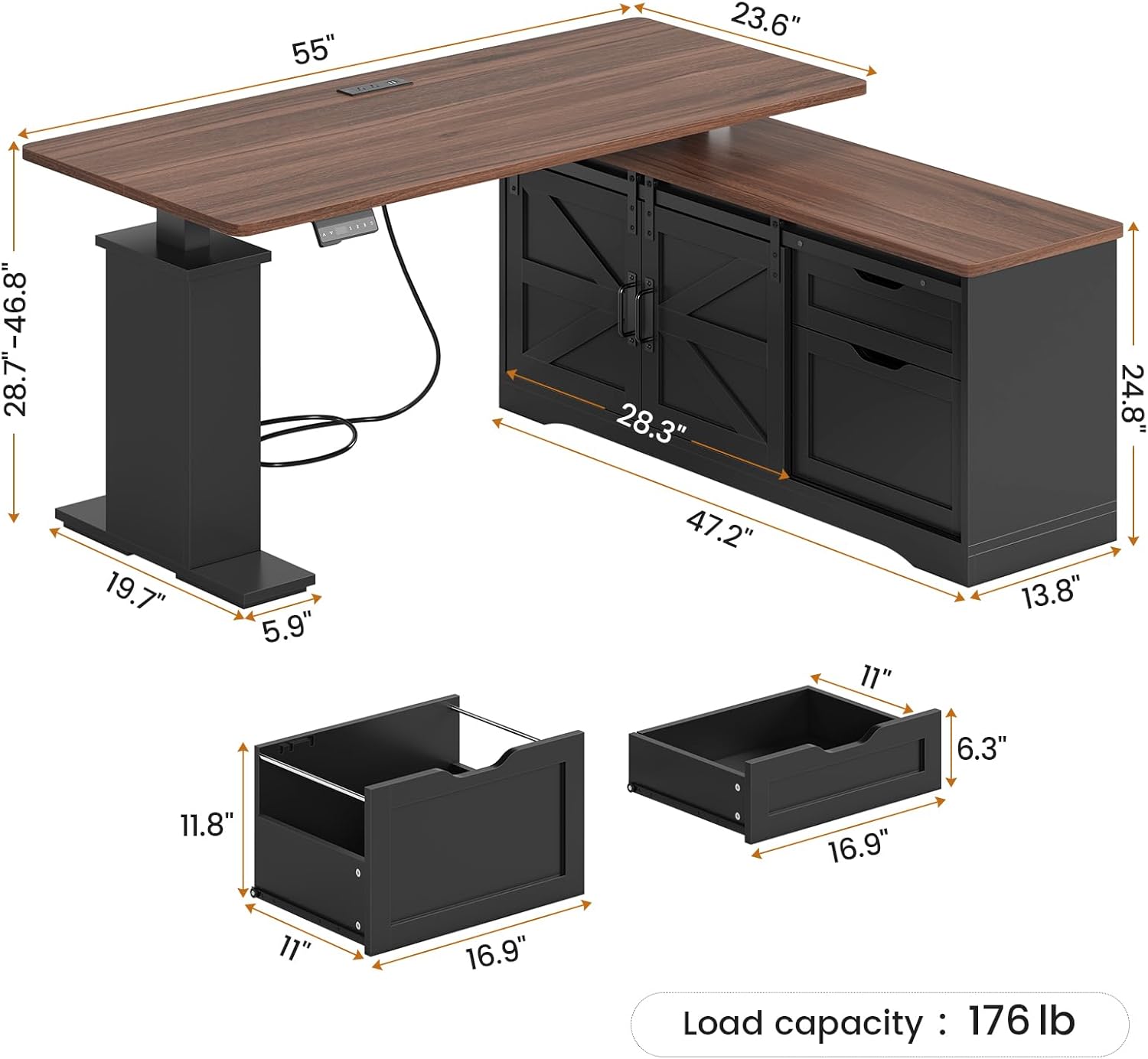 SEDETA Farmhouse L Shaped Standing Desk, 55 inch Height Adjustable Corner Desk with Storage Drawers, Standing Computer Desks with Power Outlets for Home Office, Black