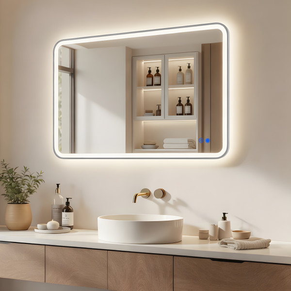 Lustro łazienkowe 100x70 srebro szczotkowane LED dotyk   mata zaokrąglone