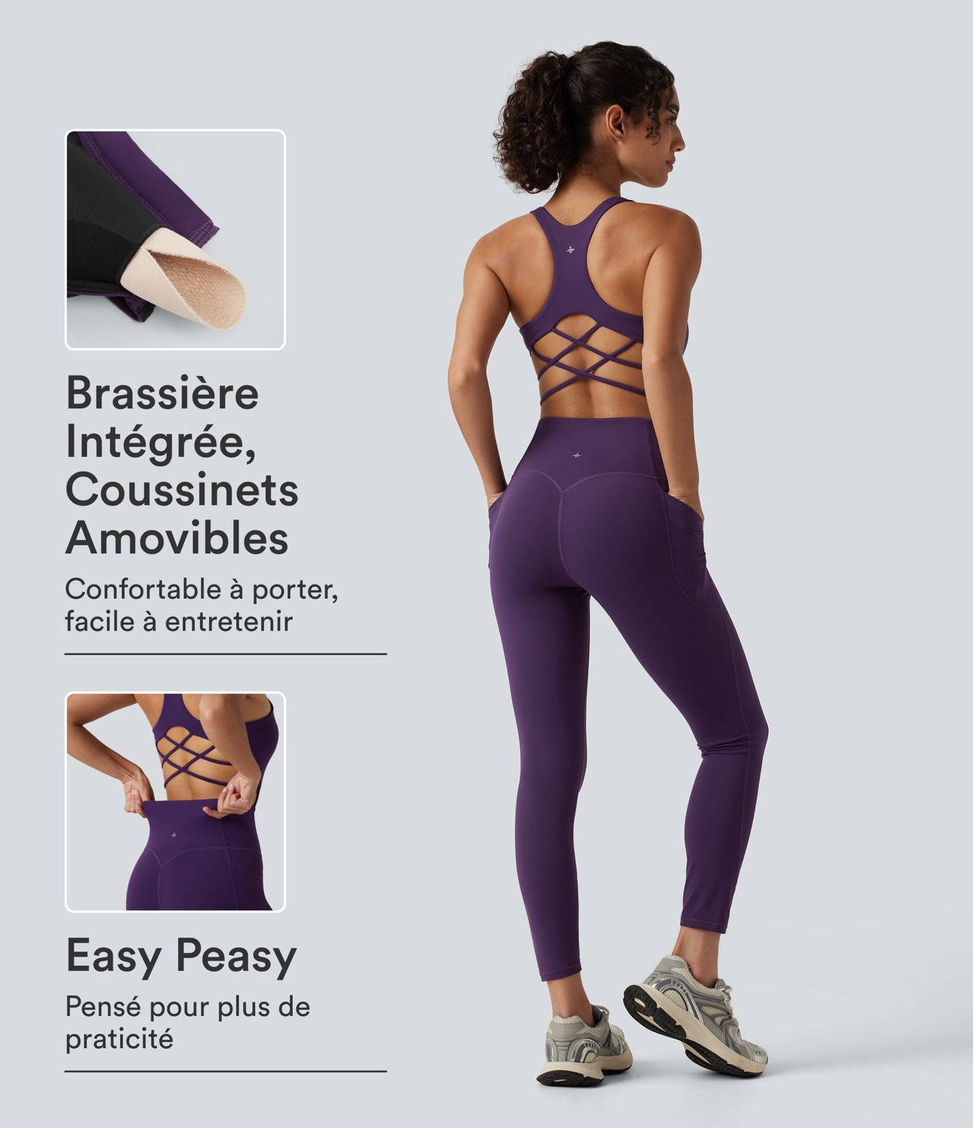 Combinaison de sport Halara UltraSculpt™ Édition accès facile Easy Peasy gainante à dos nu, bretelles croisées, coussinets amovibles et poches