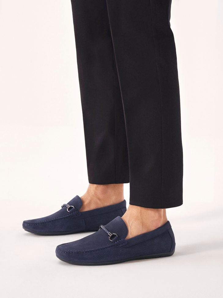 Men's stylish nubuck navy blue moccasins with an application