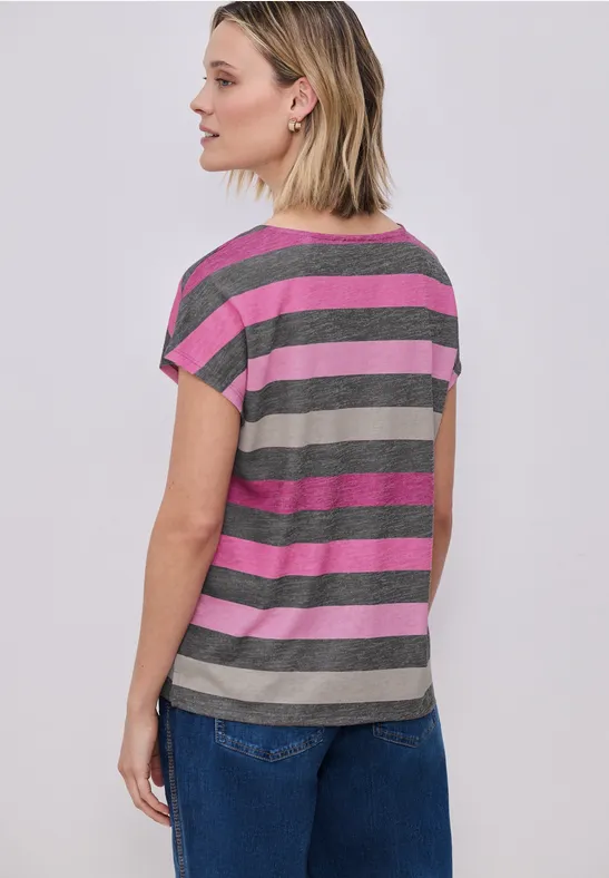 T-Shirt mit gerundetem V-Neck und Streifen