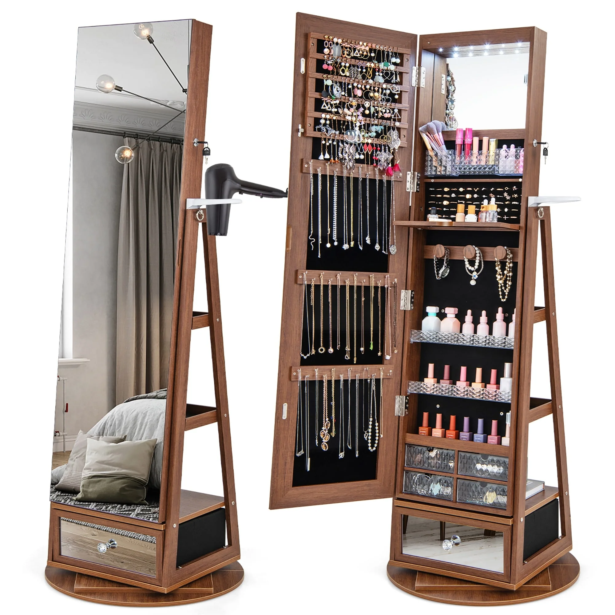 Gymax Swivel Jewelry Cabinet Full Length Mirror w/Built-in Lights