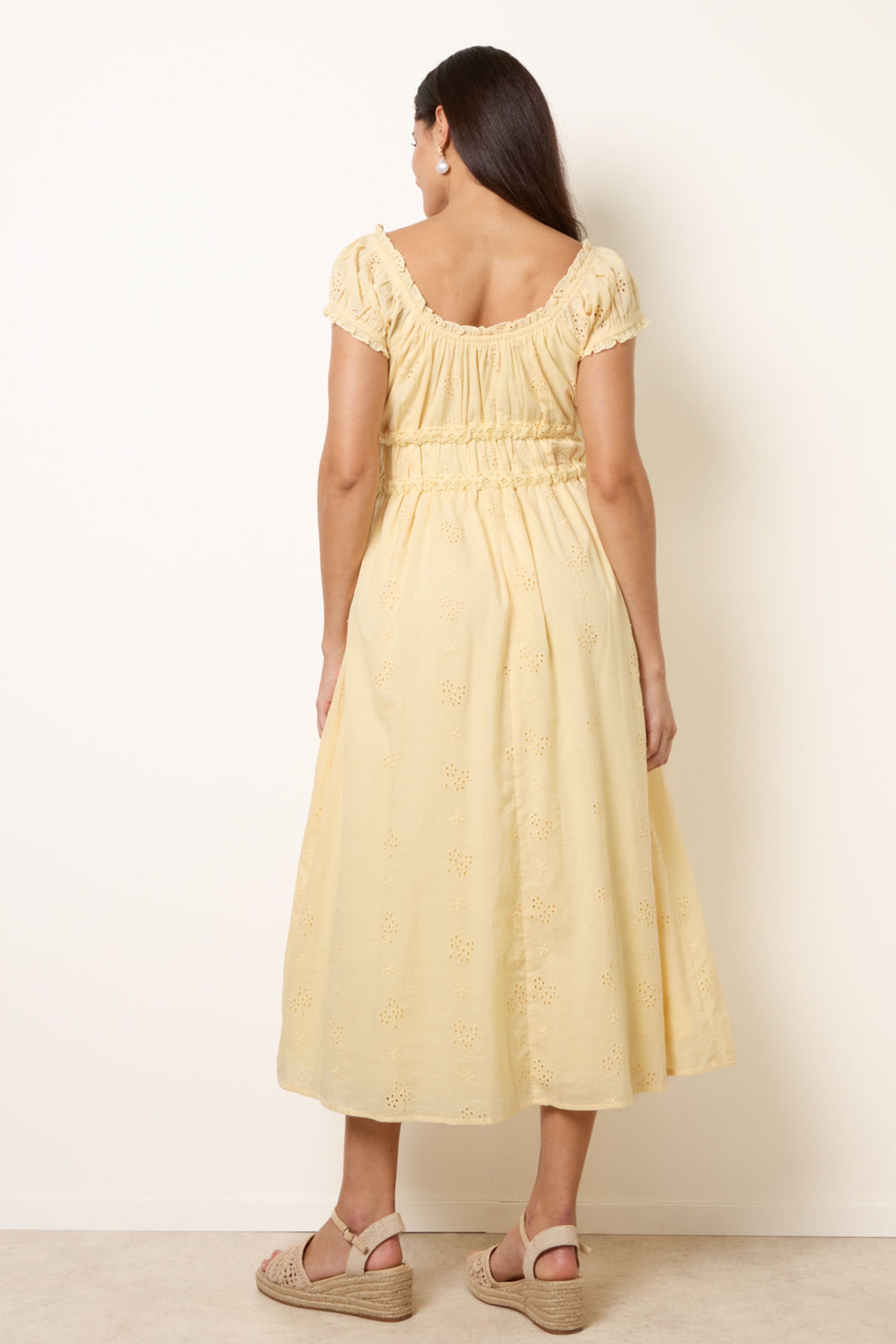 Blue Vanilla Lemon Broderie Front Tie Midi Dress